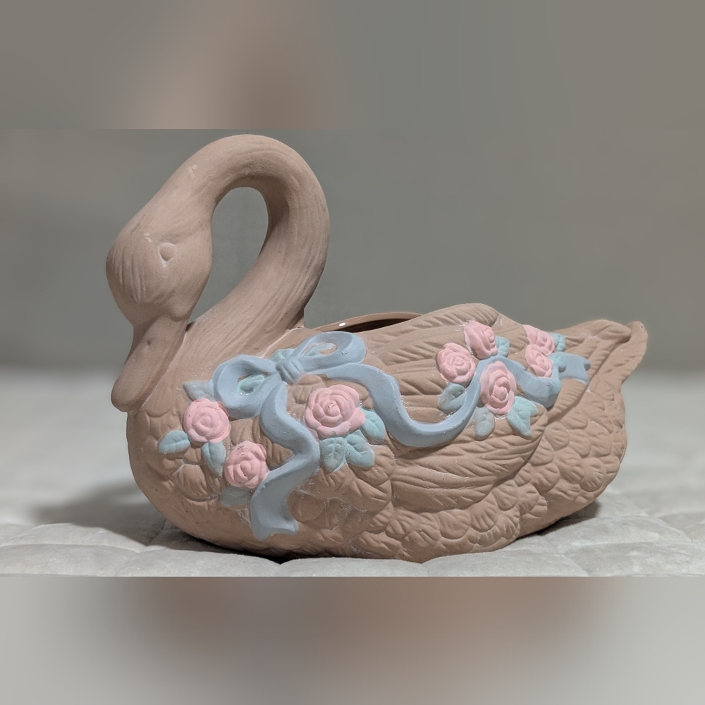 Pink Ceramic Swan Planter with 3D Embossed Roses, Ribbons & Bows Motif